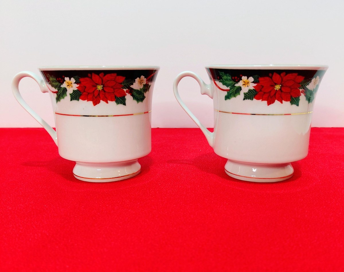 Vintage Tienshan Christmas Teacup Set | Deck the Halls Poinsettia Fine China, view 6