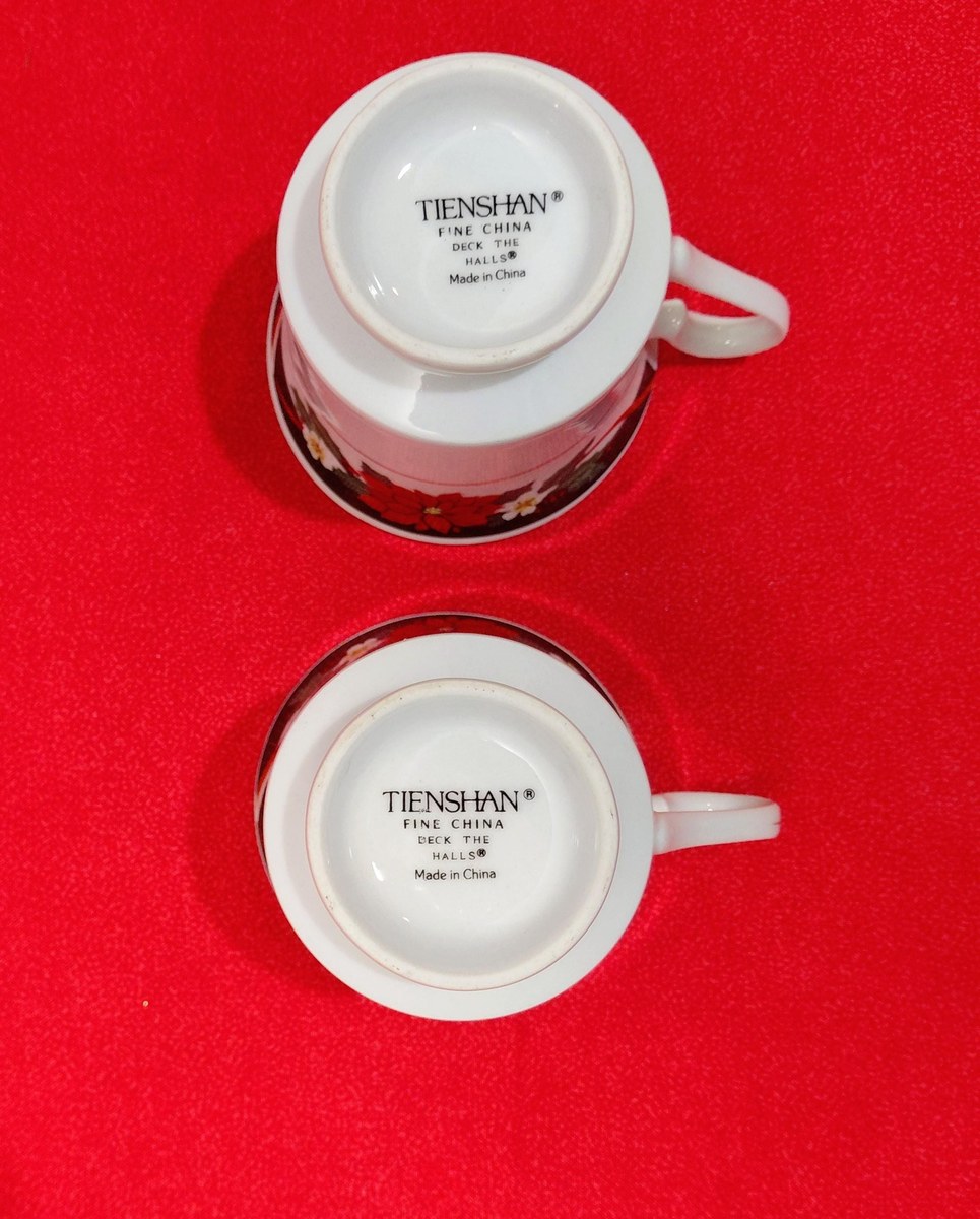 Vintage Tienshan Christmas Teacup Set | Deck the Halls Poinsettia Fine China, view 8