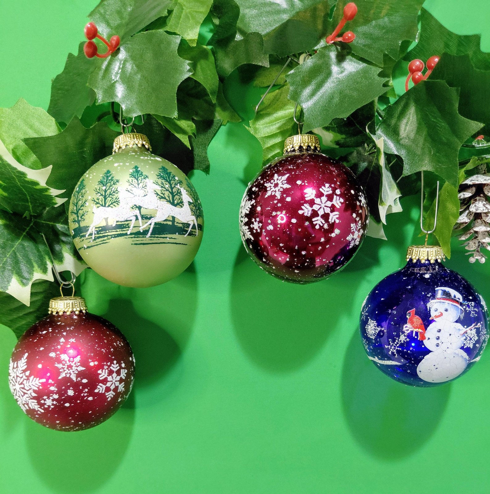 Vintage Krebs Glass Christmas Ornaments, 1970s Nature's Blessings Set