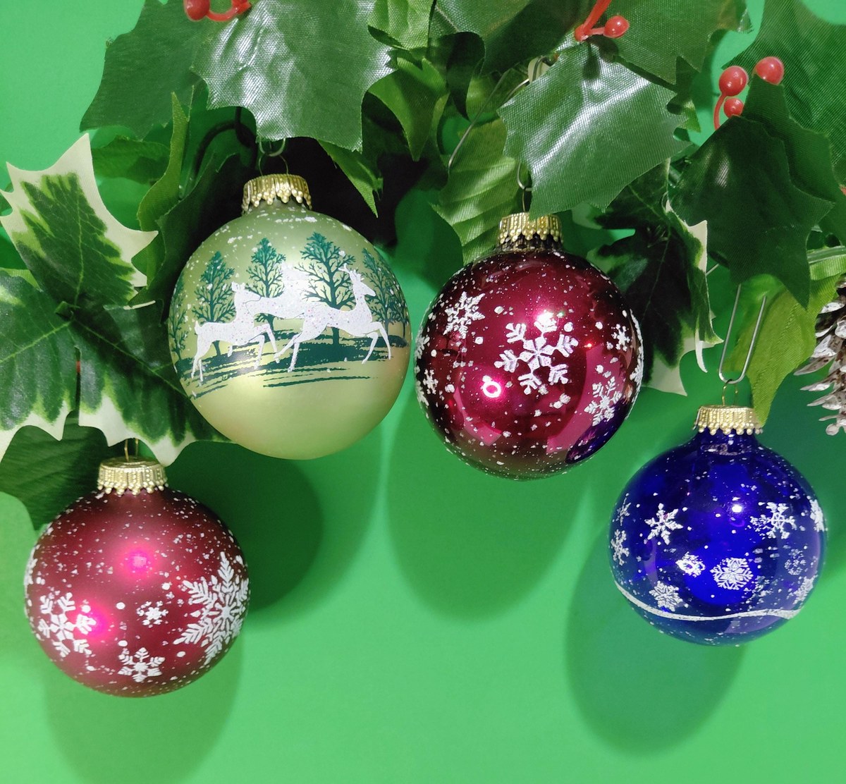 Vintage Krebs Glass Christmas Ornaments, 1970s Nature's Blessings Set, view 6
