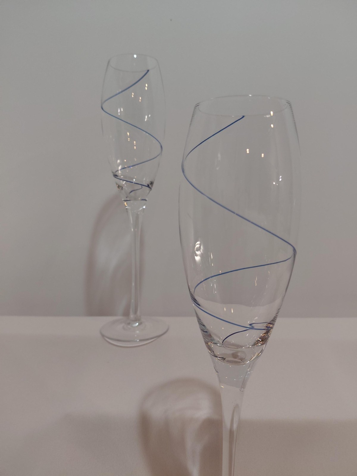 Vintage Kosta Boda Crystal Champagne Flutes Set of 2, Encased Cobalt Blue Spiral, Swedish Hand Blown Crystal, Scandinavian Stemware