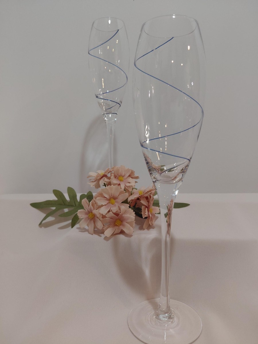 Vintage Kosta Boda Crystal Champagne Flutes Set of 2, Encased Cobalt Blue Spiral, Swedish Hand Blown Crystal, Scandinavian Stemware, view 14