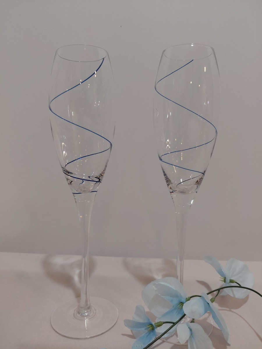 Vintage Kosta Boda Crystal Champagne Flutes Set of 2, Encased Cobalt Blue Spiral, Swedish Hand Blown Crystal, Scandinavian Stemware, view 15