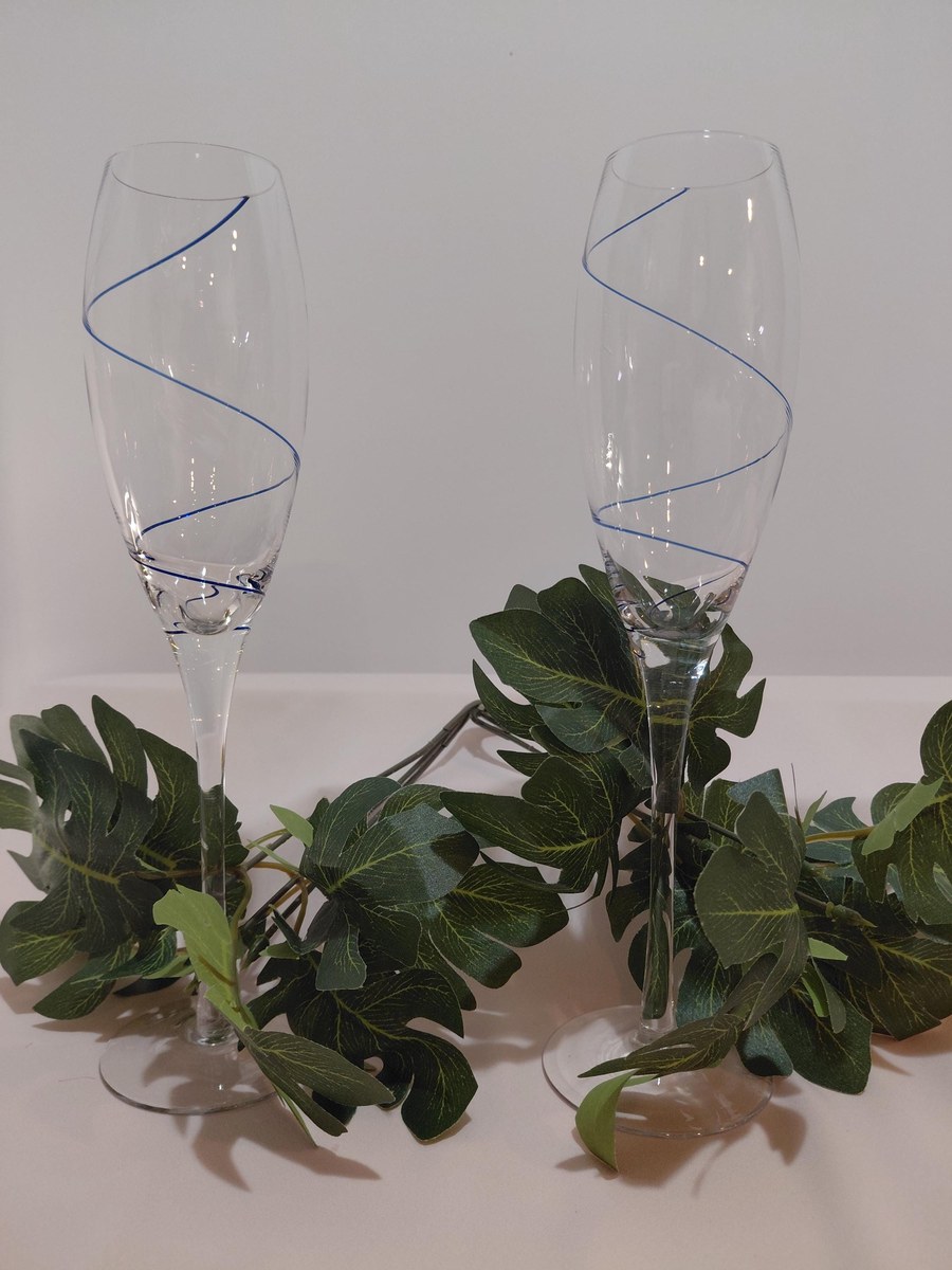 Vintage Kosta Boda Crystal Champagne Flutes Set of 2, Encased Cobalt Blue Spiral, Swedish Hand Blown Crystal, Scandinavian Stemware, view 17