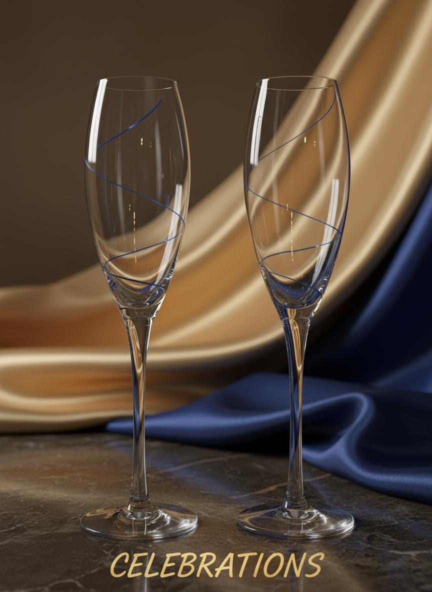 Vintage Kosta Boda Crystal Champagne Flutes Set of 2, Encased Cobalt Blue Spiral, Swedish Hand Blown Crystal, Scandinavian Stemware, view 2