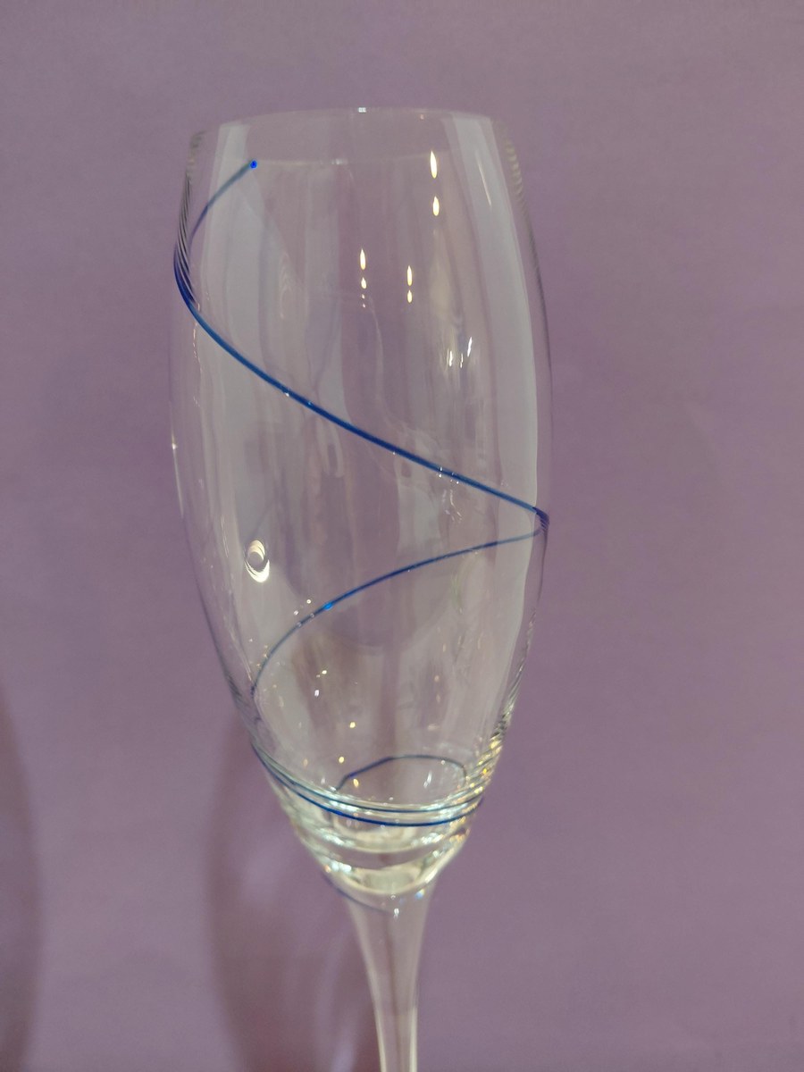 Vintage Kosta Boda Crystal Champagne Flutes Set of 2, Encased Cobalt Blue Spiral, Swedish Hand Blown Crystal, Scandinavian Stemware, view 4
