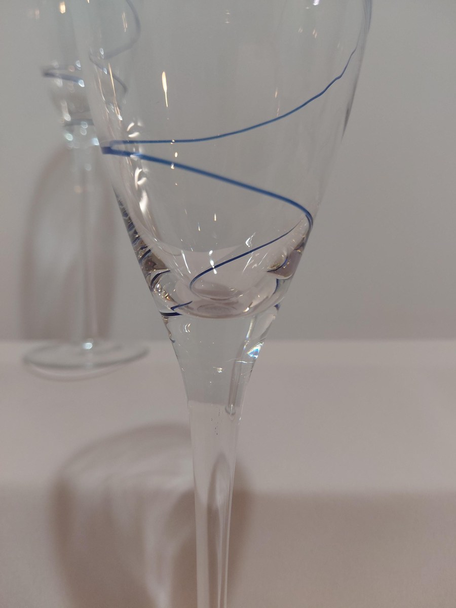 Vintage Kosta Boda Crystal Champagne Flutes Set of 2, Encased Cobalt Blue Spiral, Swedish Hand Blown Crystal, Scandinavian Stemware, view 8