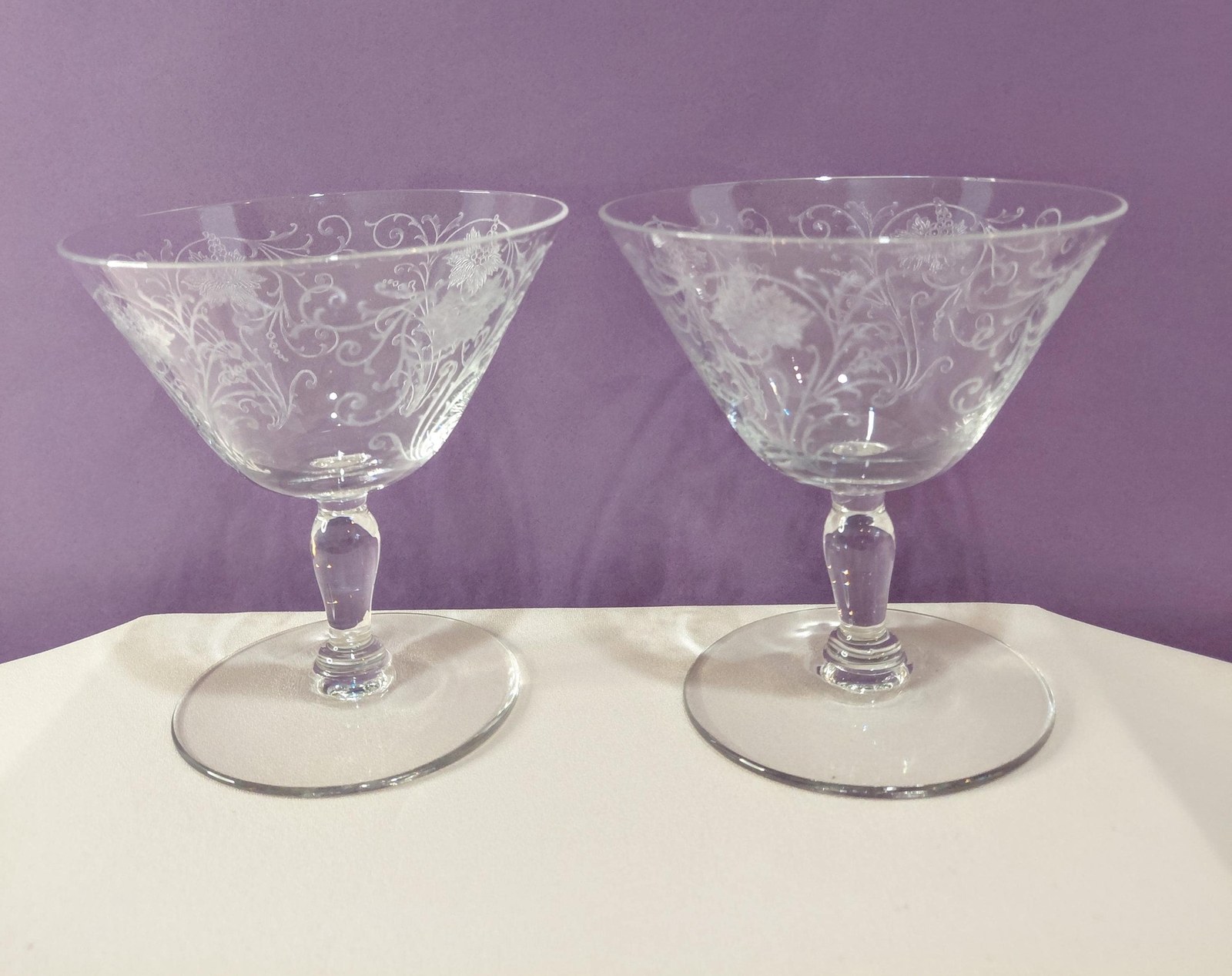 Antique Fostoria Woodland Etched Champagne Coupes Set of 2