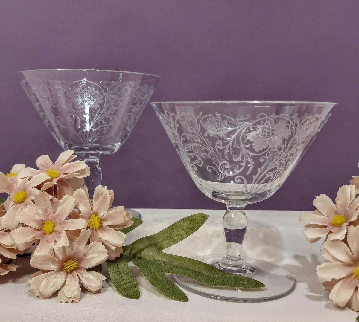 Antique Fostoria Woodland Etched Champagne Coupes Set of 2, view 11