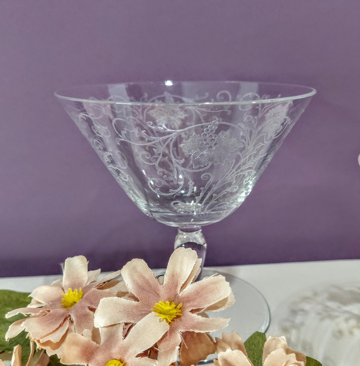 Antique Fostoria Woodland Etched Champagne Coupes Set of 2, view 12