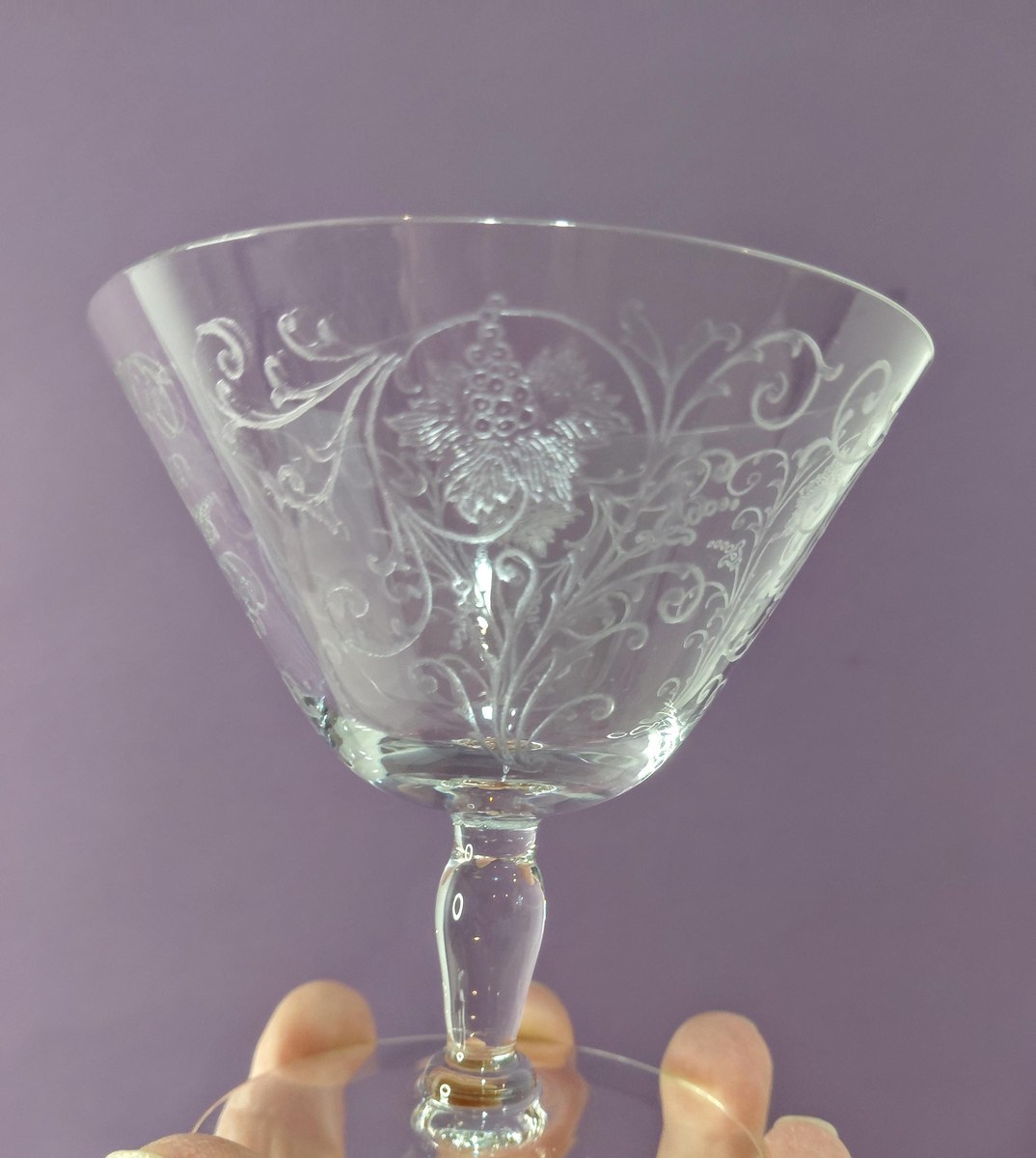 Antique Fostoria Woodland Etched Champagne Coupes Set of 2, view 13