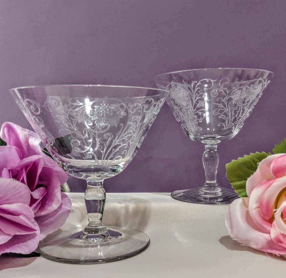 Antique Fostoria Woodland Etched Champagne Coupes Set of 2, view 15