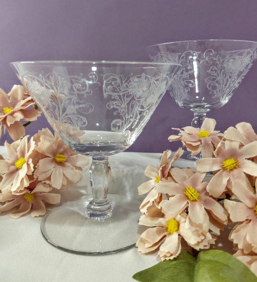 Antique Fostoria Woodland Etched Champagne Coupes Set of 2, view 17