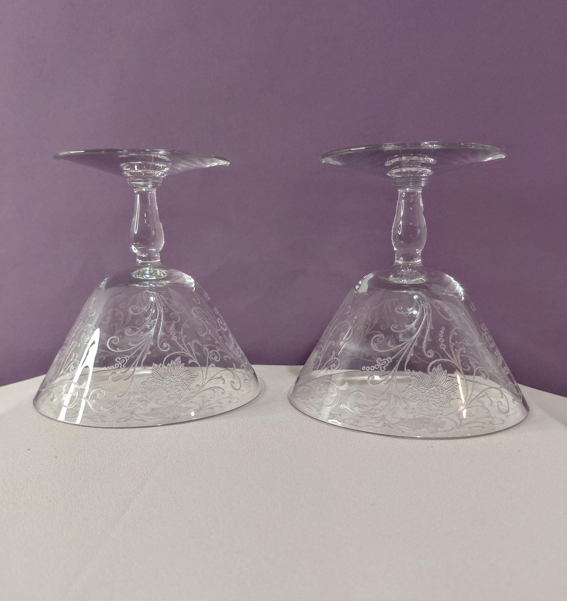 Antique Fostoria Woodland Etched Champagne Coupes Set of 2, view 3