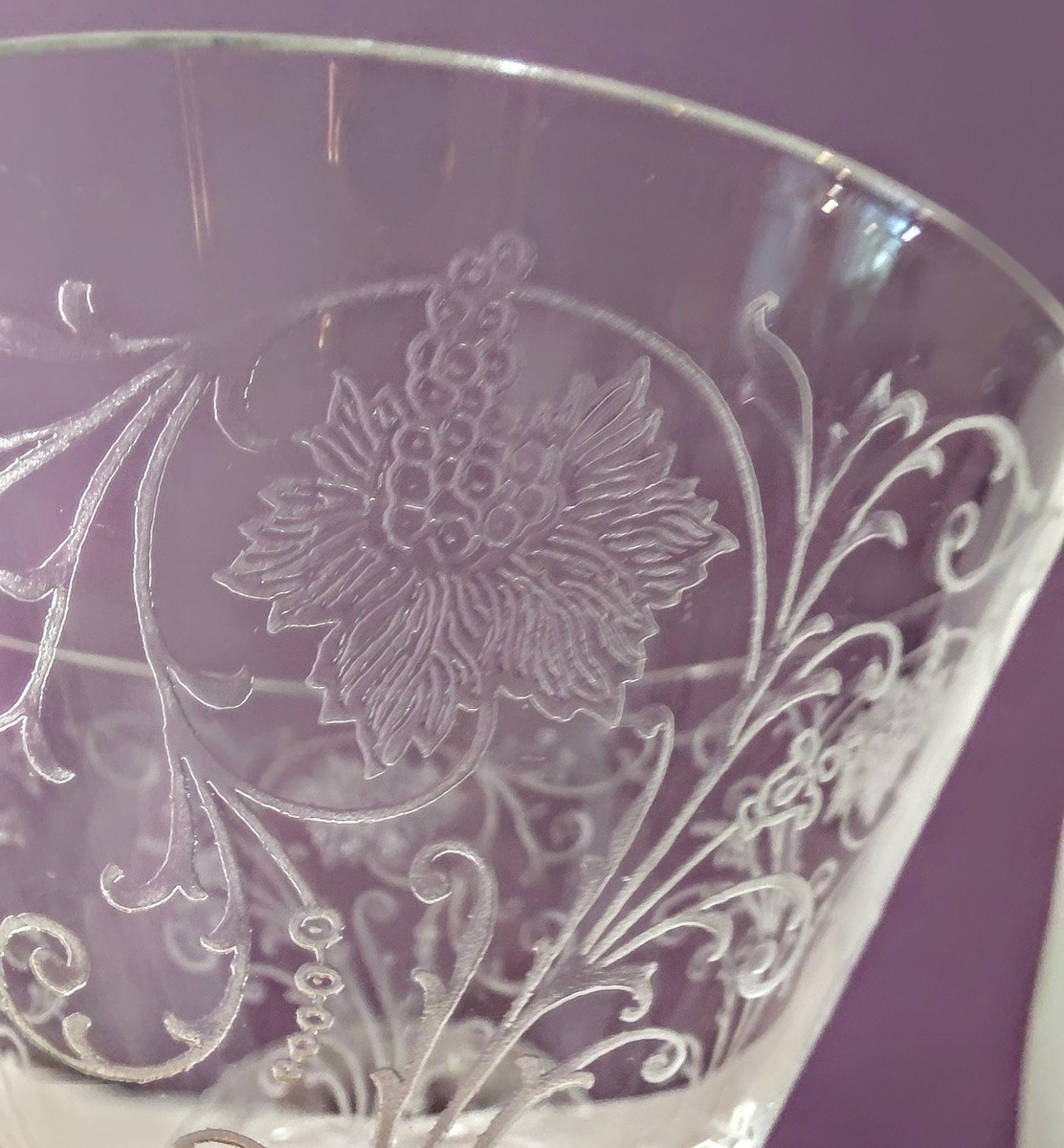 Antique Fostoria Woodland Etched Champagne Coupes Set of 2, view 4