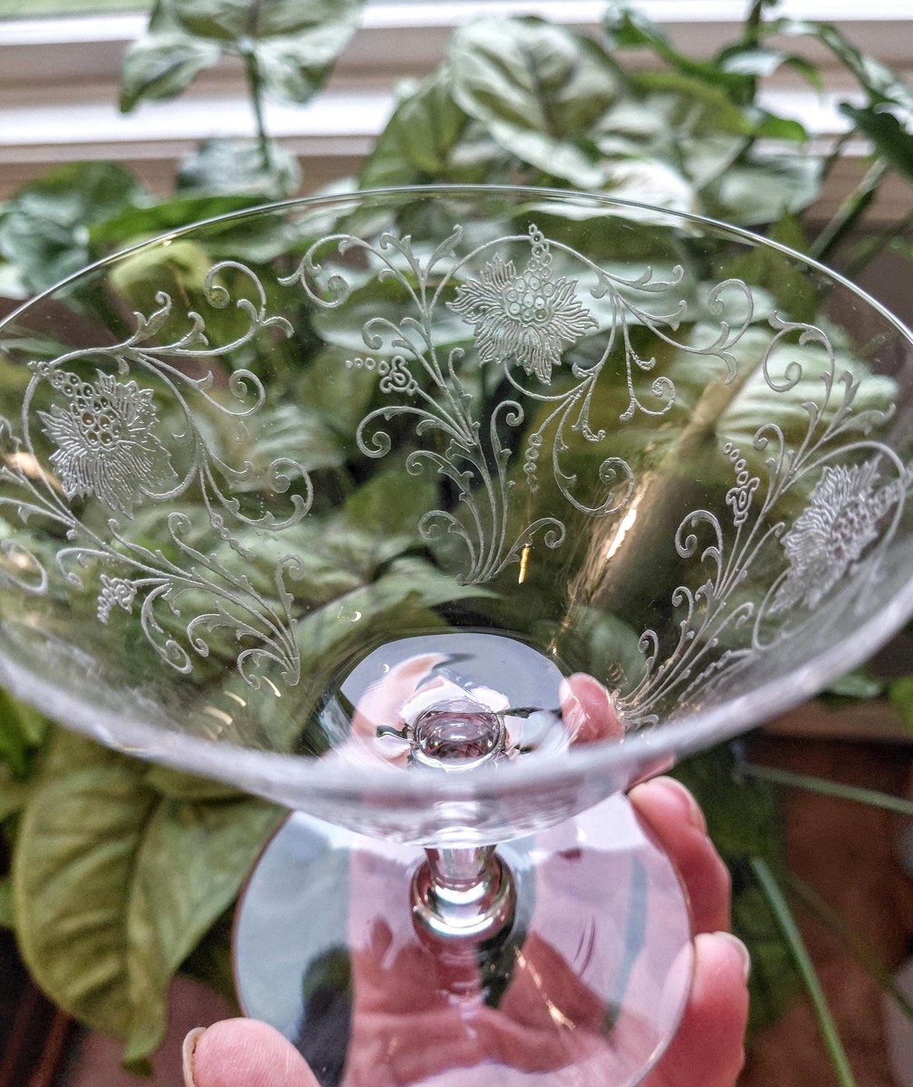 Antique Fostoria Woodland Etched Champagne Coupes Set of 2, view 6