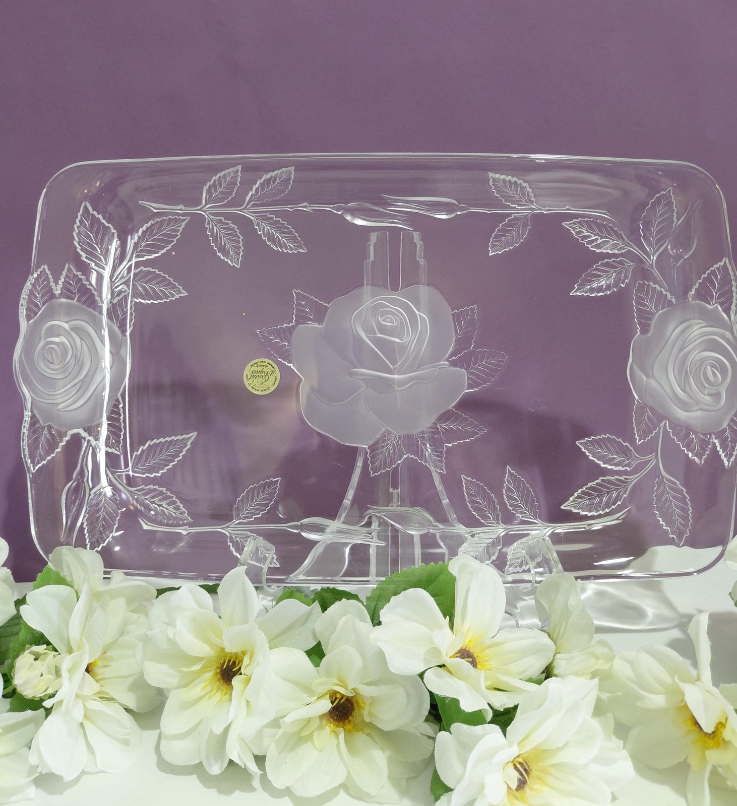 Vintage Cristal d'Arques Lead Crystal Serving Tray: Frosted Rose Design