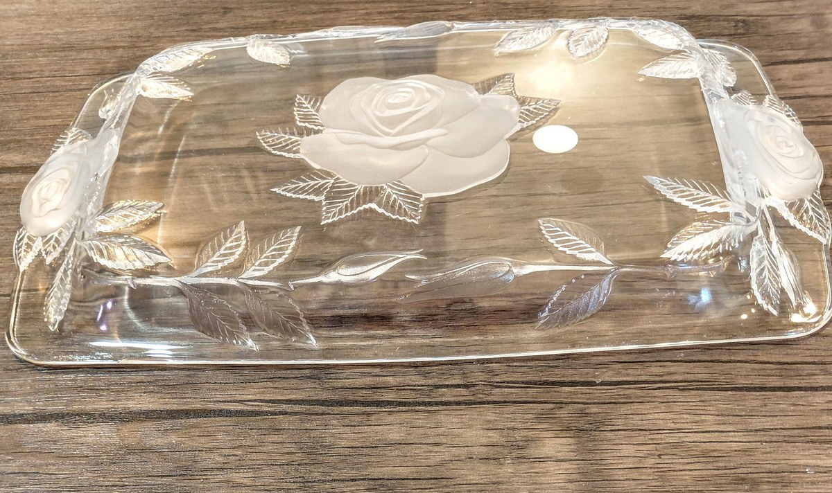 Vintage Cristal d'Arques Lead Crystal Serving Tray: Frosted Rose Design, view 10