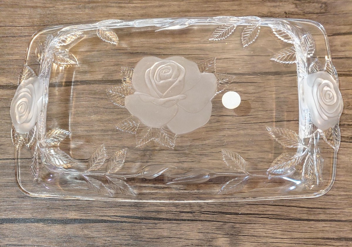 Vintage Cristal d'Arques Lead Crystal Serving Tray: Frosted Rose Design, view 11