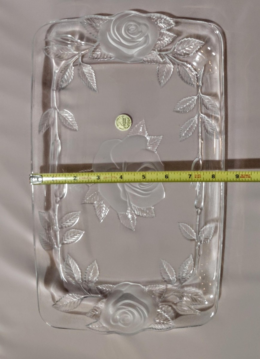 Vintage Cristal d'Arques Lead Crystal Serving Tray: Frosted Rose Design, view 12