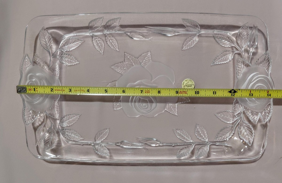 Vintage Cristal d'Arques Lead Crystal Serving Tray: Frosted Rose Design, view 13