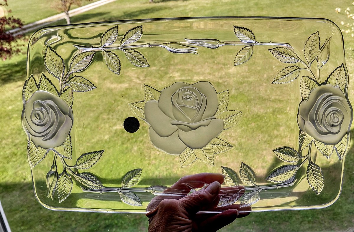 Vintage Cristal d'Arques Lead Crystal Serving Tray: Frosted Rose Design, view 15