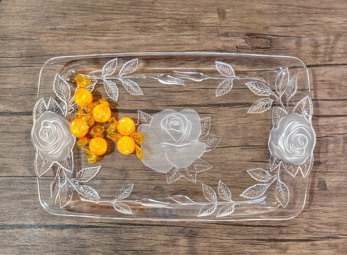 Vintage Cristal d'Arques Lead Crystal Serving Tray: Frosted Rose Design, view 16