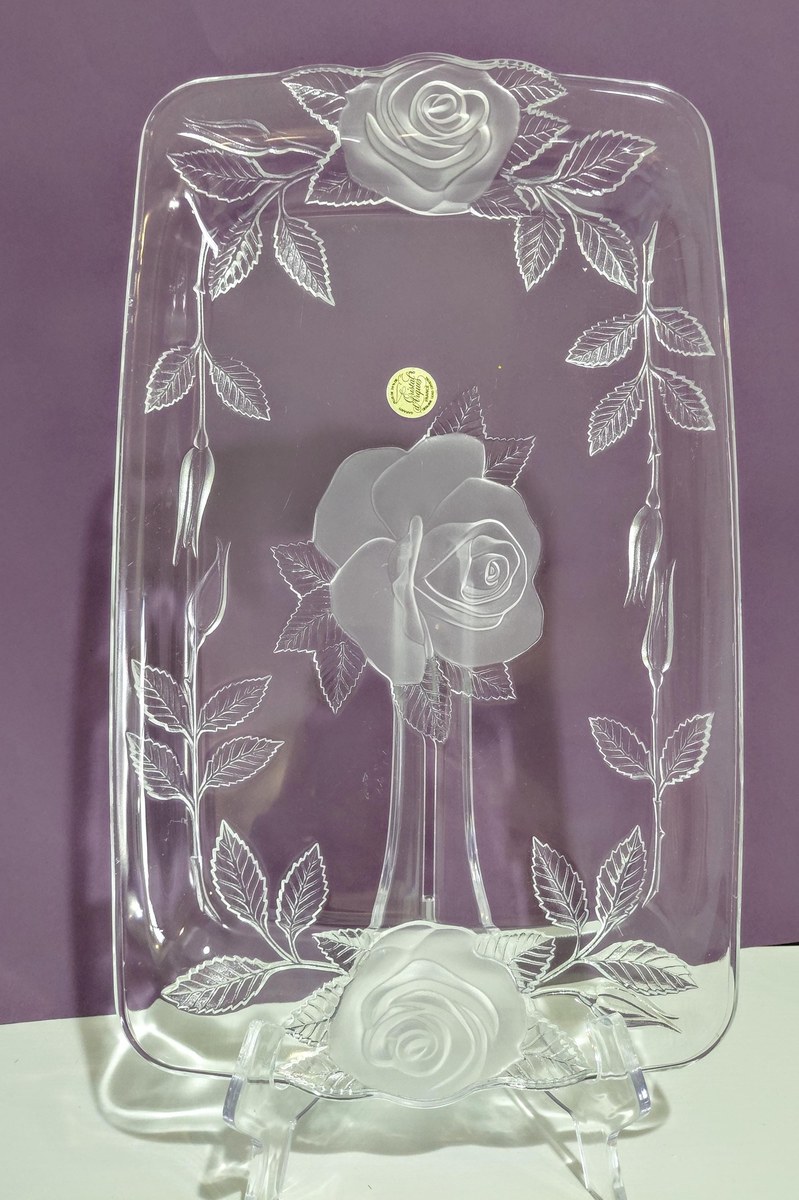 Vintage Cristal d'Arques Lead Crystal Serving Tray: Frosted Rose Design, view 17