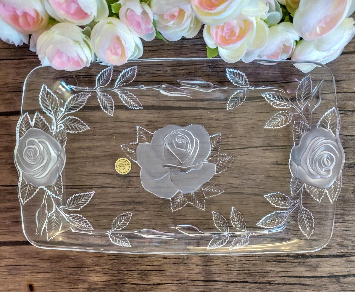 Vintage Cristal d'Arques Lead Crystal Serving Tray: Frosted Rose Design, view 18
