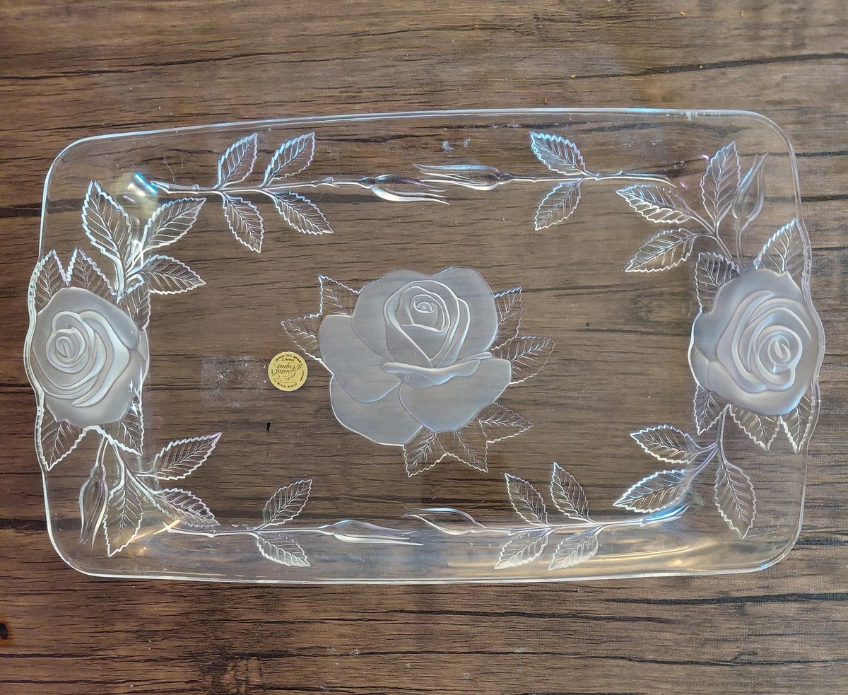 Vintage Cristal d'Arques Lead Crystal Serving Tray: Frosted Rose Design, view 19