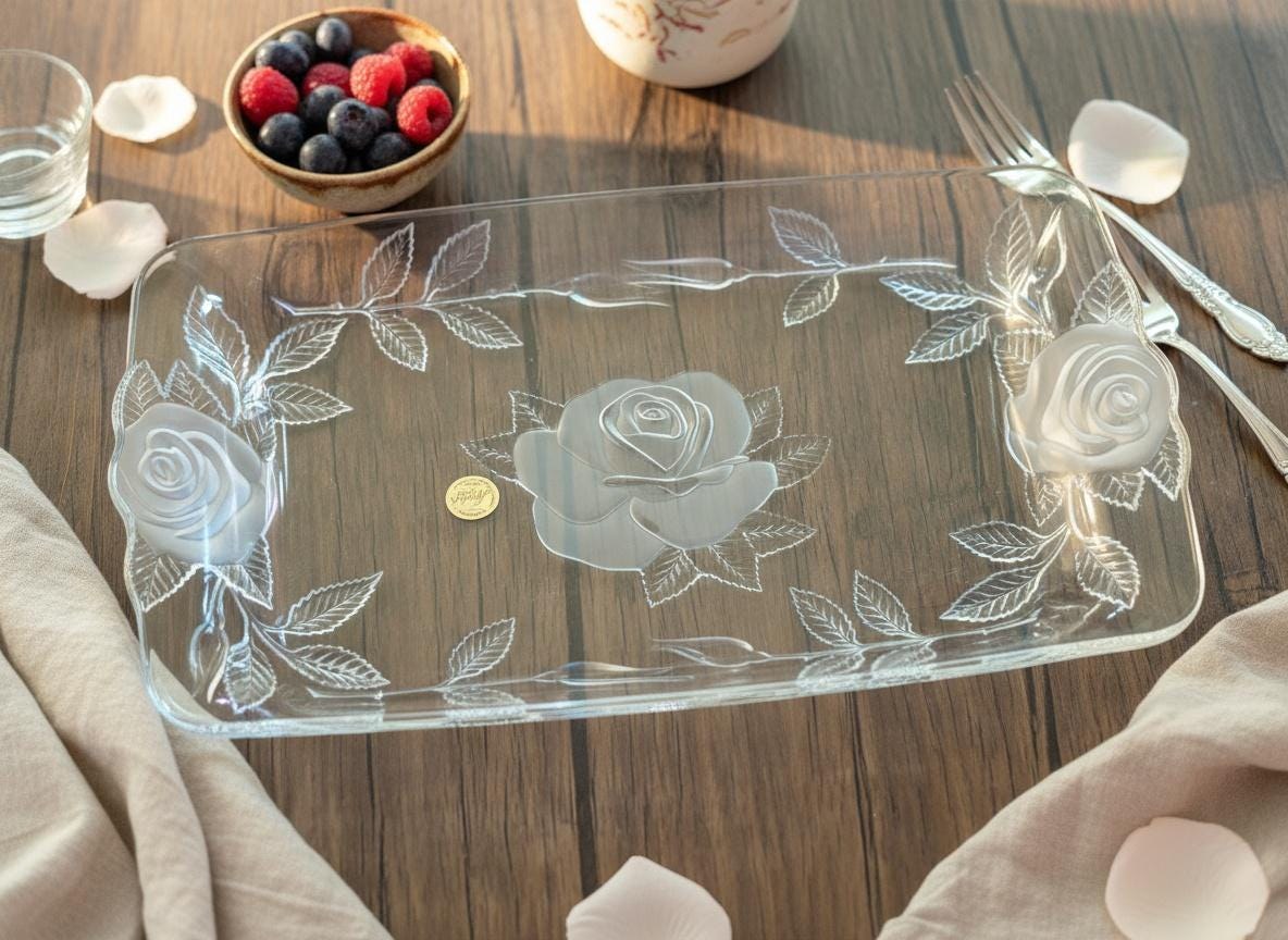 Vintage Cristal d'Arques Lead Crystal Serving Tray: Frosted Rose Design, view 2