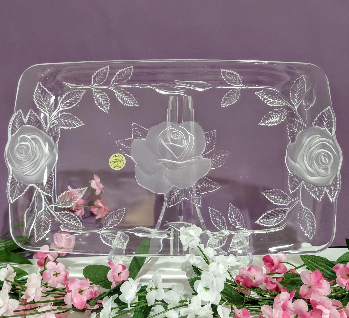 Vintage Cristal d'Arques Lead Crystal Serving Tray: Frosted Rose Design, view 20