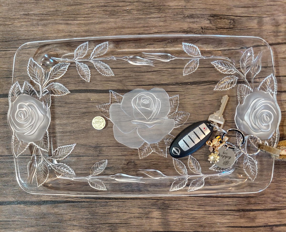 Vintage Cristal d'Arques Lead Crystal Serving Tray: Frosted Rose Design, view 3