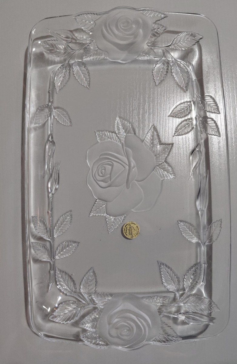 Vintage Cristal d'Arques Lead Crystal Serving Tray: Frosted Rose Design, view 4