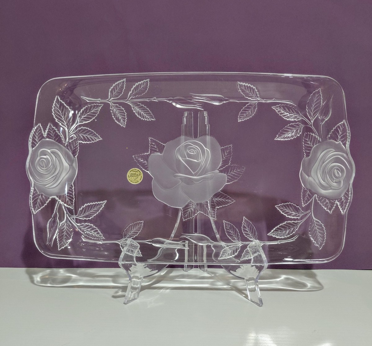 Vintage Cristal d'Arques Lead Crystal Serving Tray: Frosted Rose Design, view 5