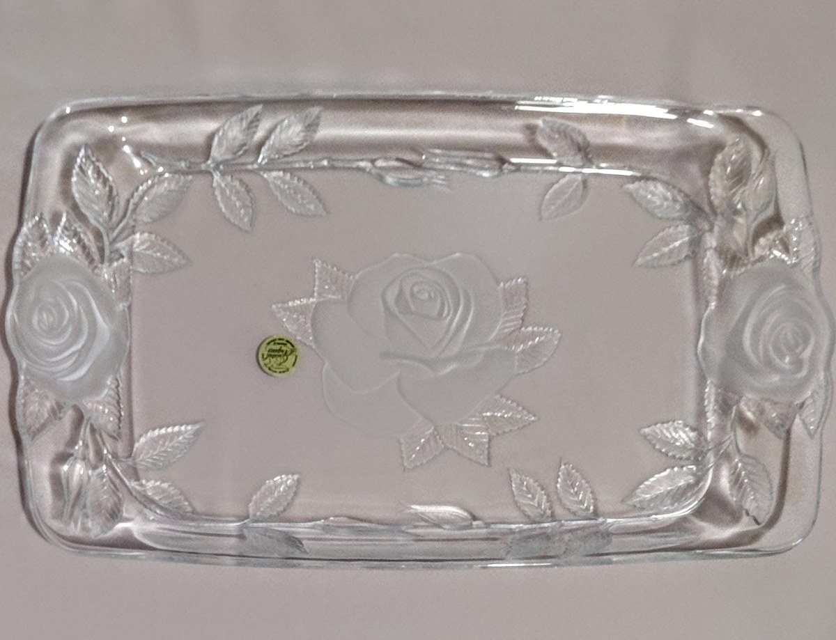 Vintage Cristal d'Arques Lead Crystal Serving Tray: Frosted Rose Design, view 6