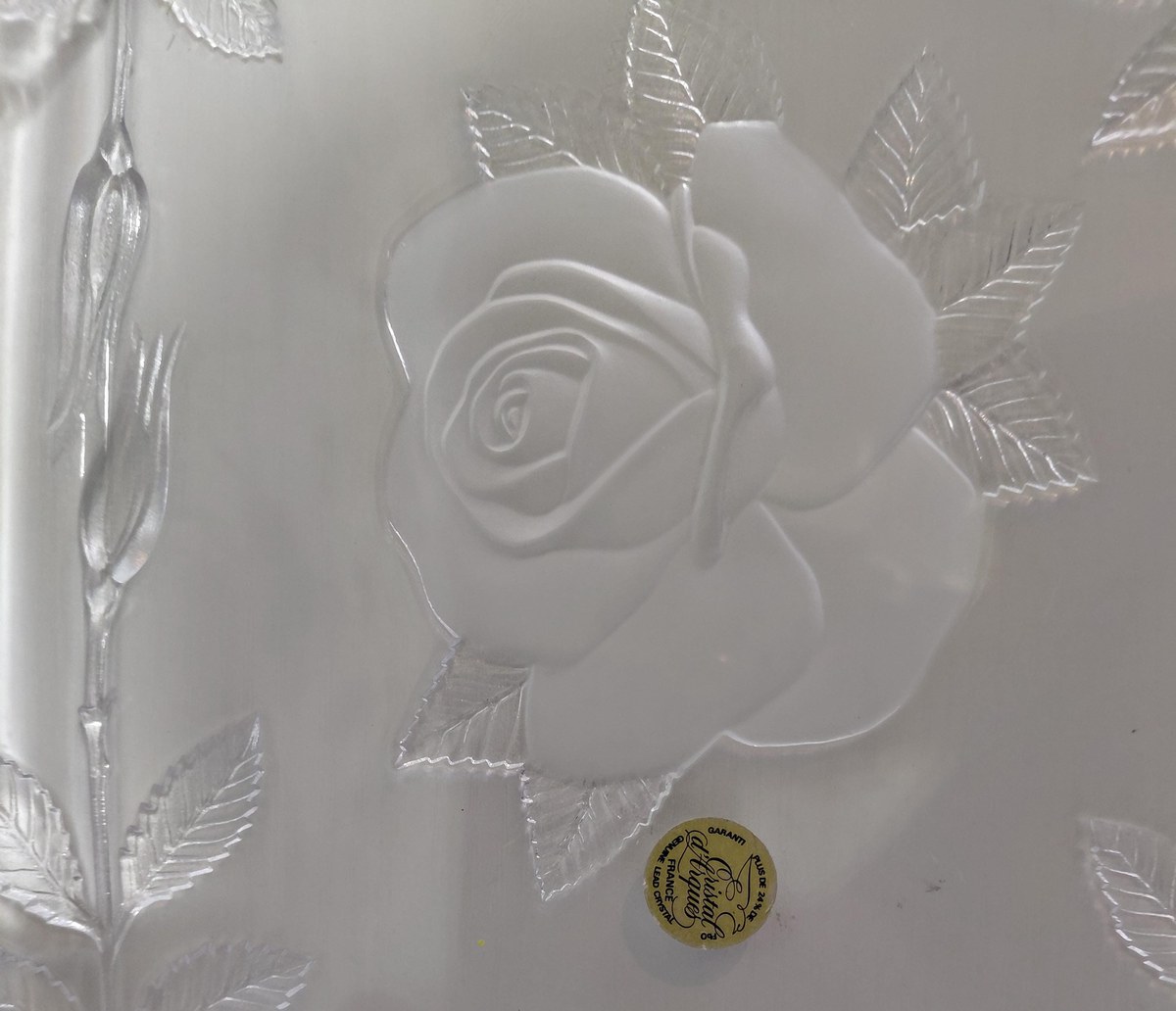 Vintage Cristal d'Arques Lead Crystal Serving Tray: Frosted Rose Design, view 7