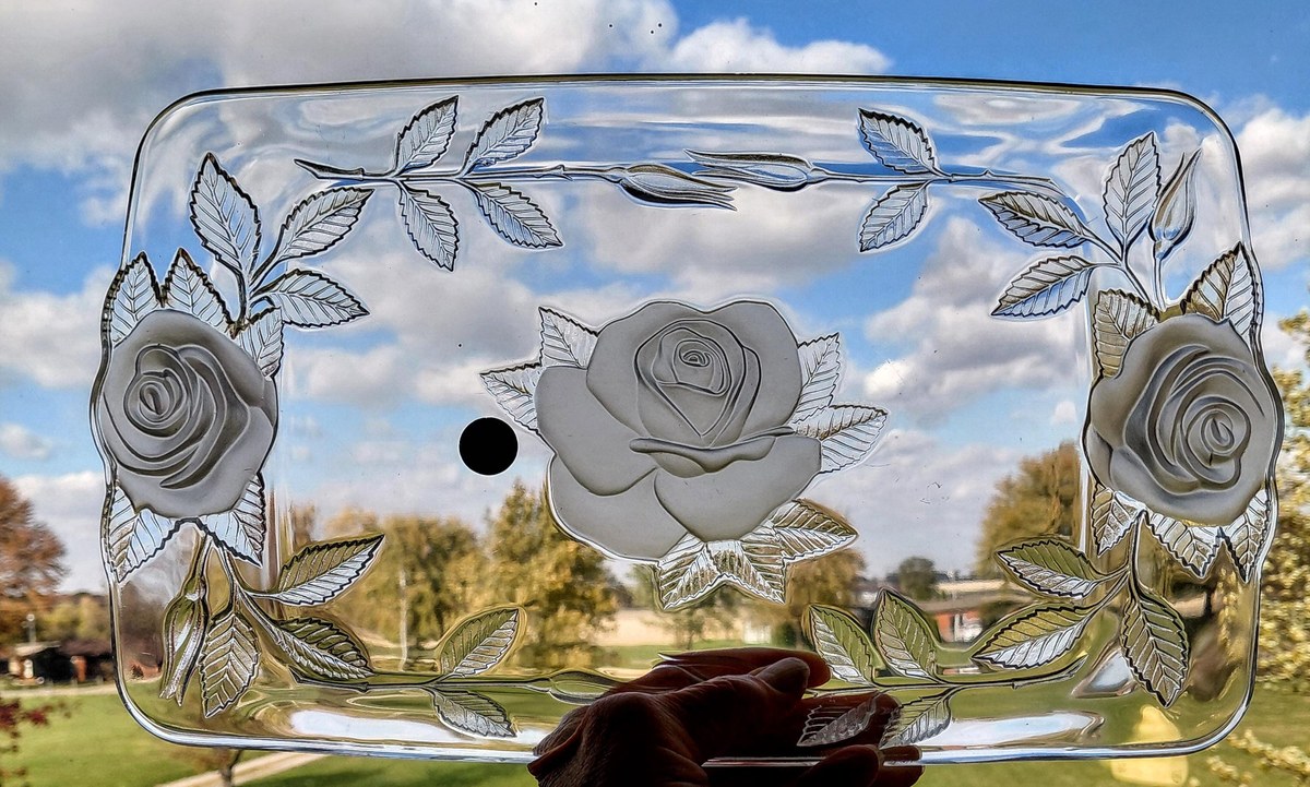 Vintage Cristal d'Arques Lead Crystal Serving Tray: Frosted Rose Design, view 9