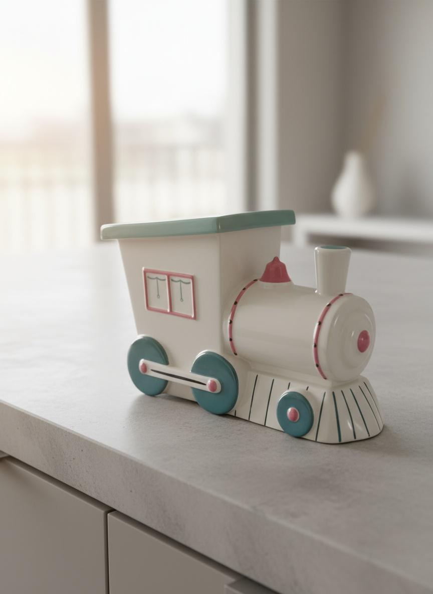 Vintage Abingdon Pottery Train Engine Cookie Jar White Pink Green Lid 1930s Illinois 11"