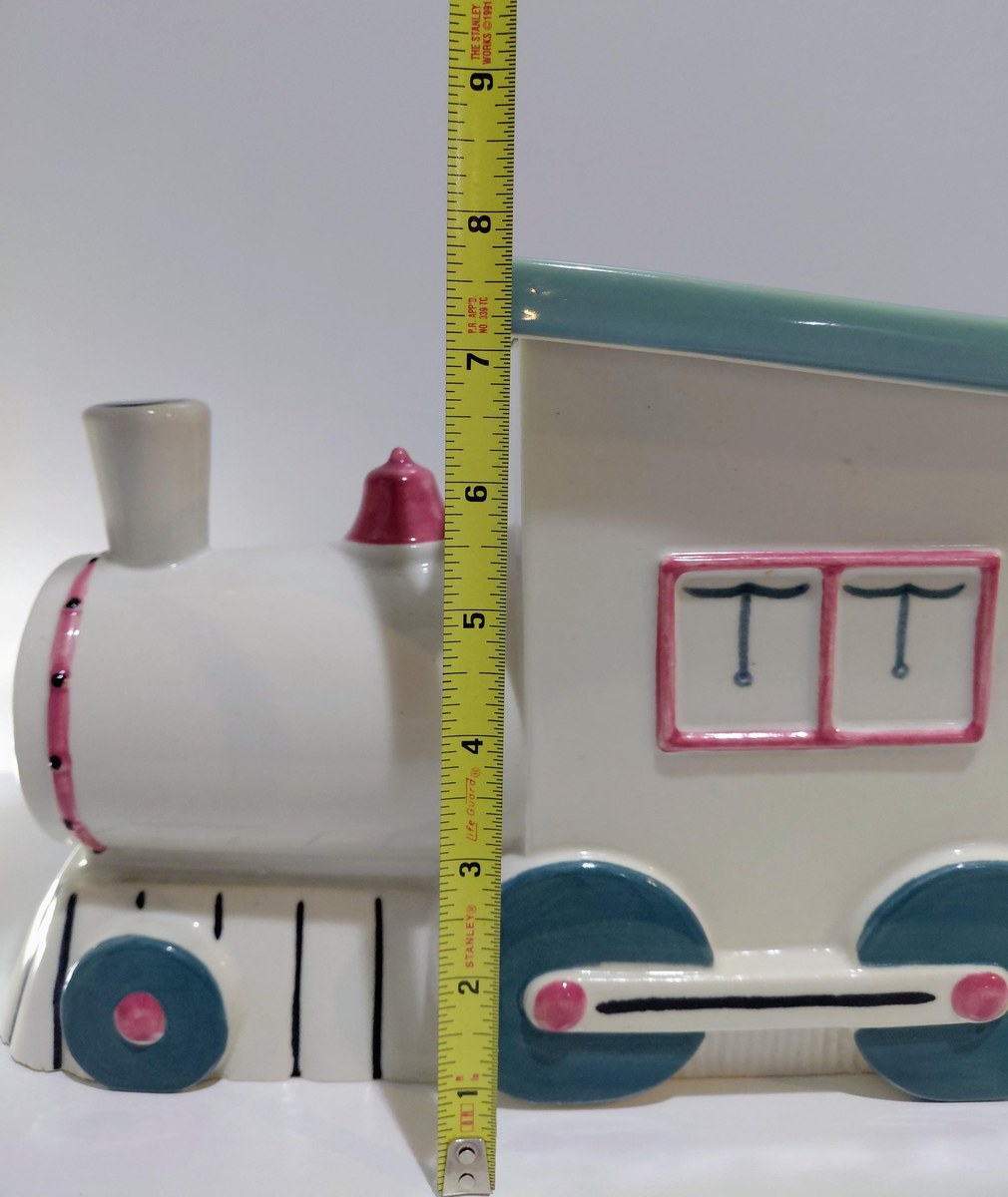 Vintage Abingdon Pottery Train Engine Cookie Jar White Pink Green Lid 1930s Illinois 11", view 11