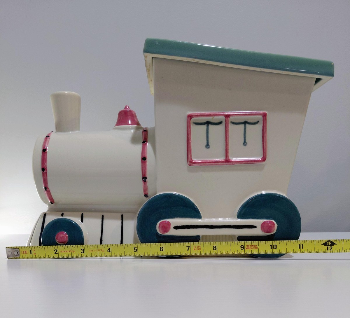 Vintage Abingdon Pottery Train Engine Cookie Jar White Pink Green Lid 1930s Illinois 11", view 13