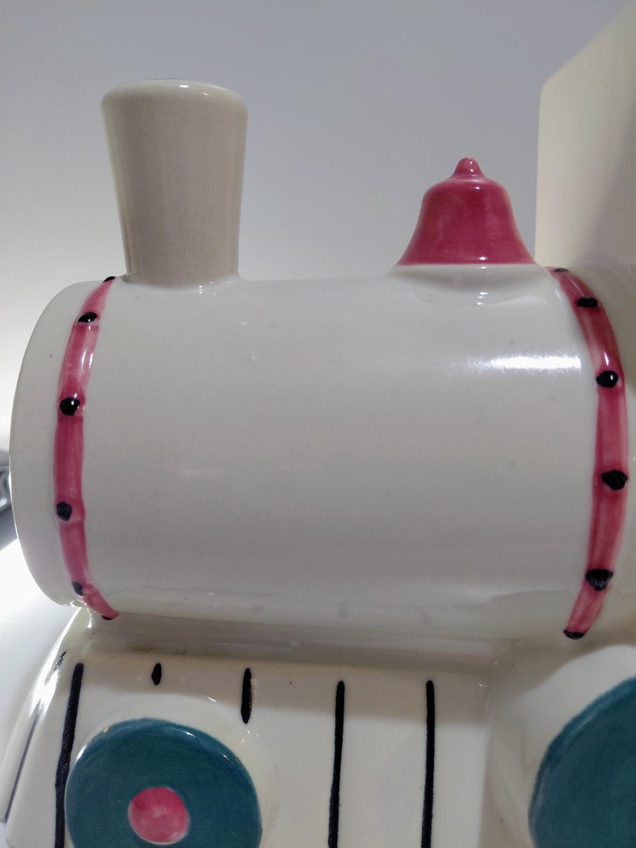 Vintage Abingdon Pottery Train Engine Cookie Jar White Pink Green Lid 1930s Illinois 11", view 14