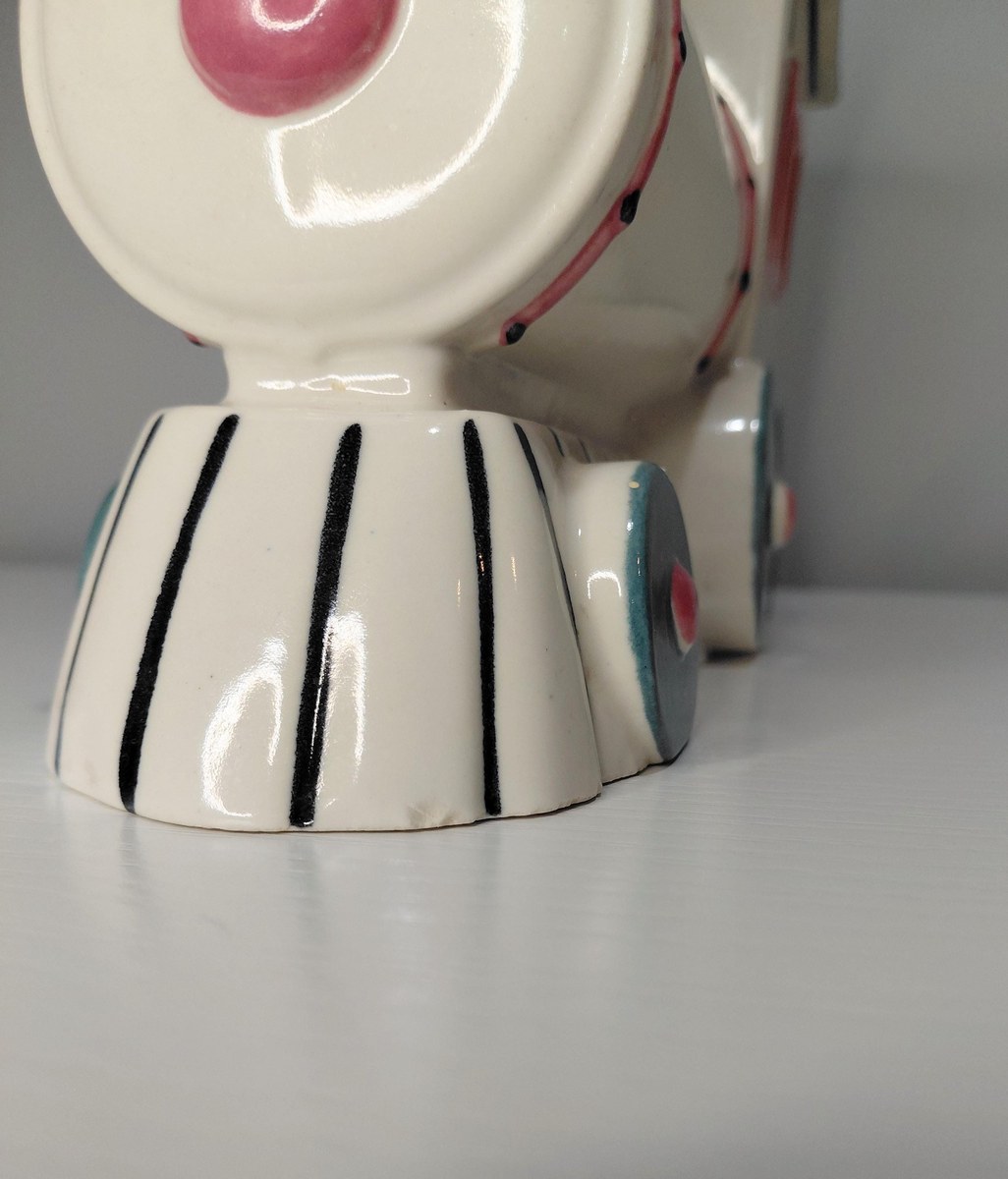 Vintage Abingdon Pottery Train Engine Cookie Jar White Pink Green Lid 1930s Illinois 11", view 15