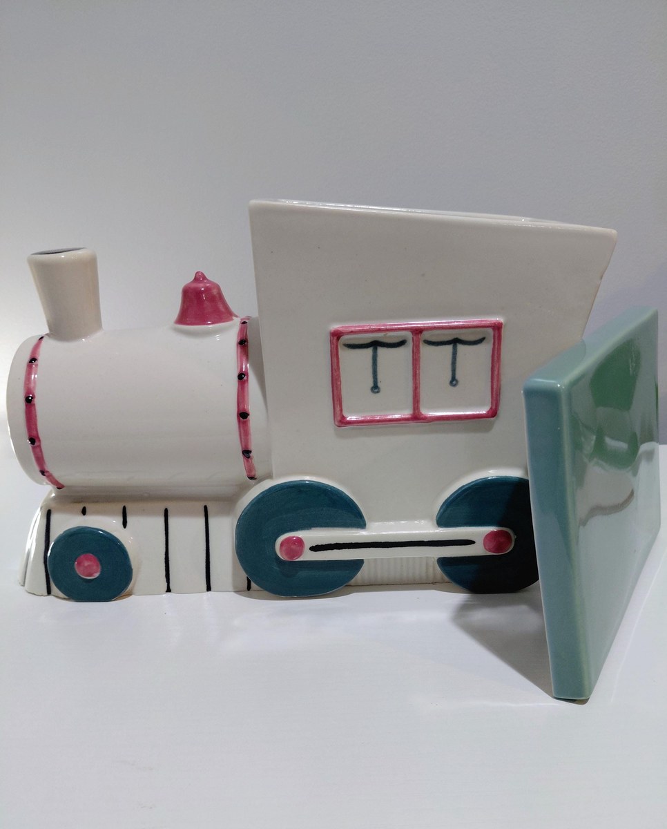 Vintage Abingdon Pottery Train Engine Cookie Jar White Pink Green Lid 1930s Illinois 11", view 17