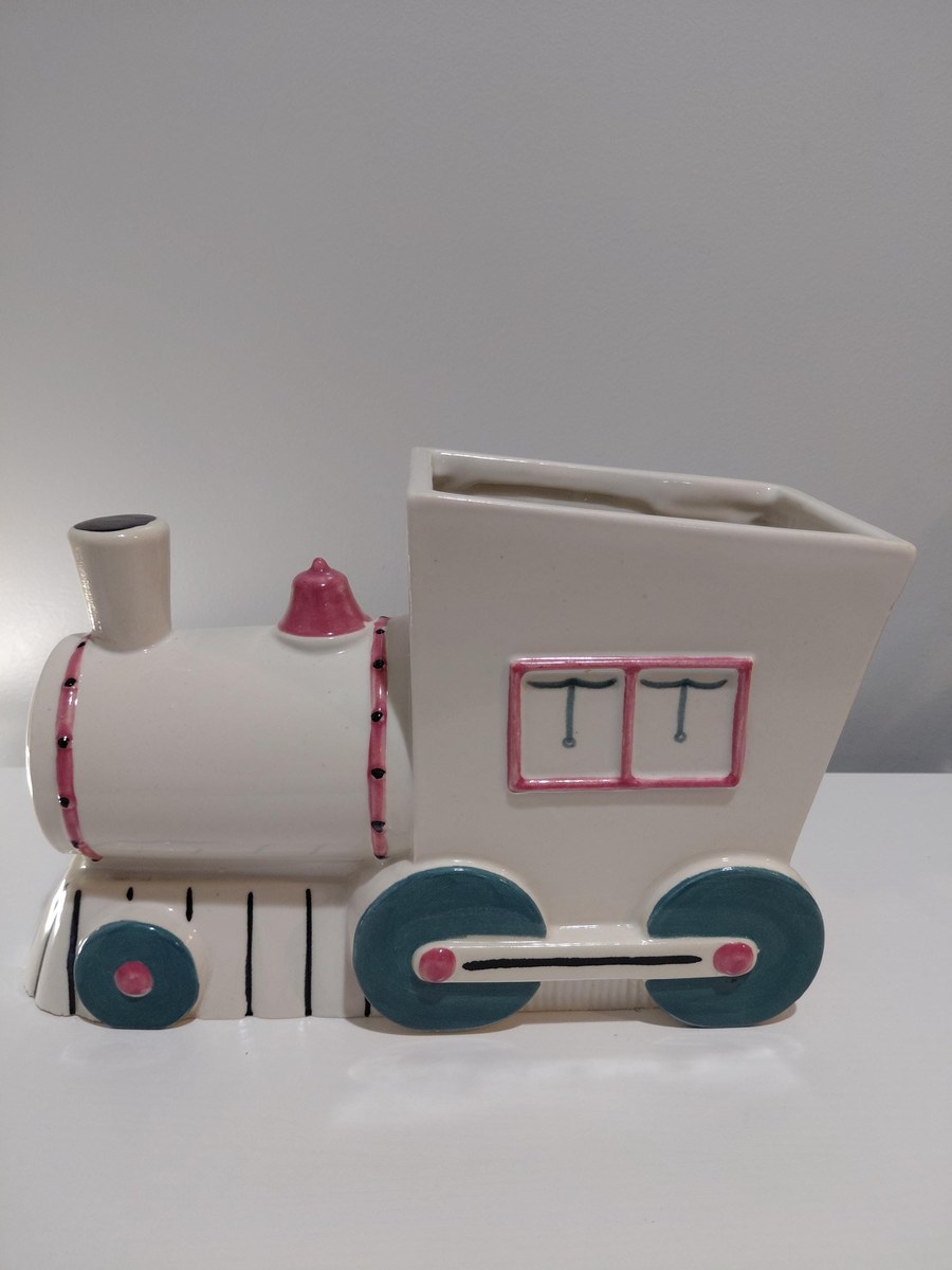 Vintage Abingdon Pottery Train Engine Cookie Jar White Pink Green Lid 1930s Illinois 11", view 18