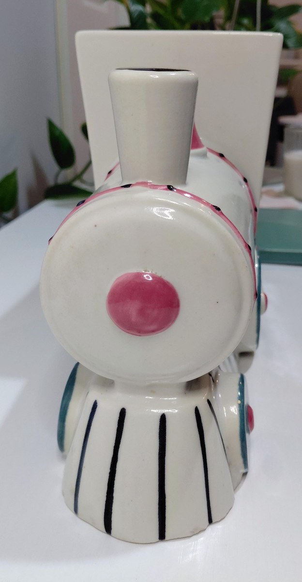Vintage Abingdon Pottery Train Engine Cookie Jar White Pink Green Lid 1930s Illinois 11", view 19
