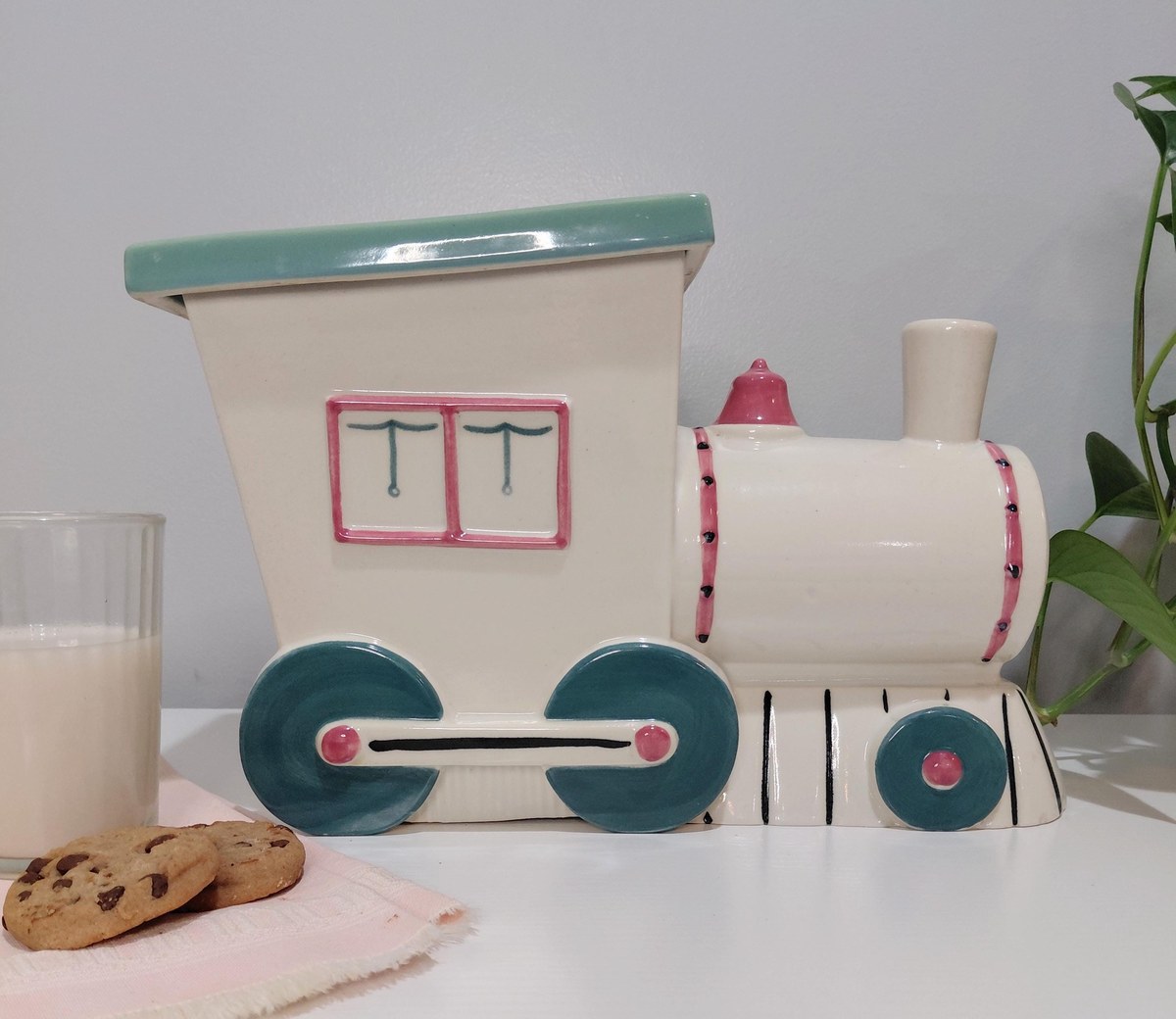 Vintage Abingdon Pottery Train Engine Cookie Jar White Pink Green Lid 1930s Illinois 11", view 2