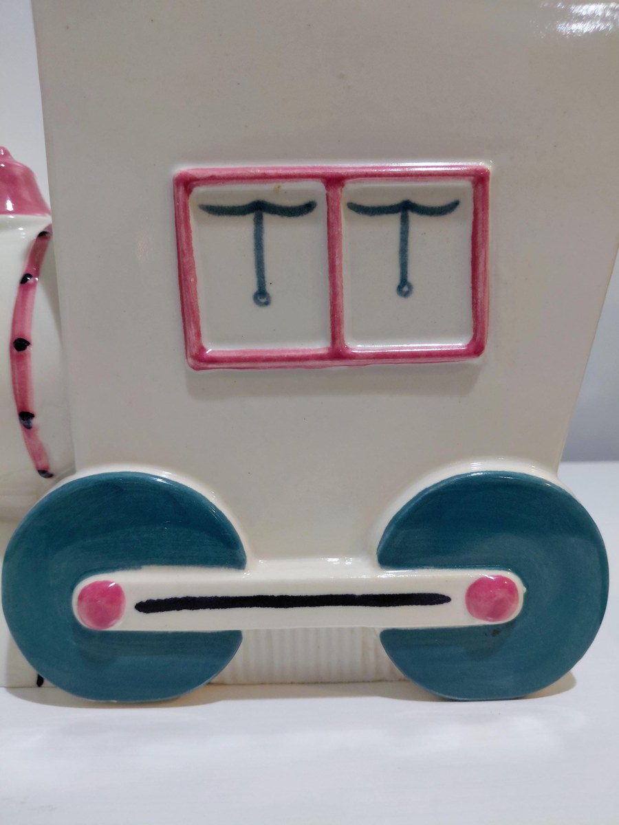 Vintage Abingdon Pottery Train Engine Cookie Jar White Pink Green Lid 1930s Illinois 11", view 20