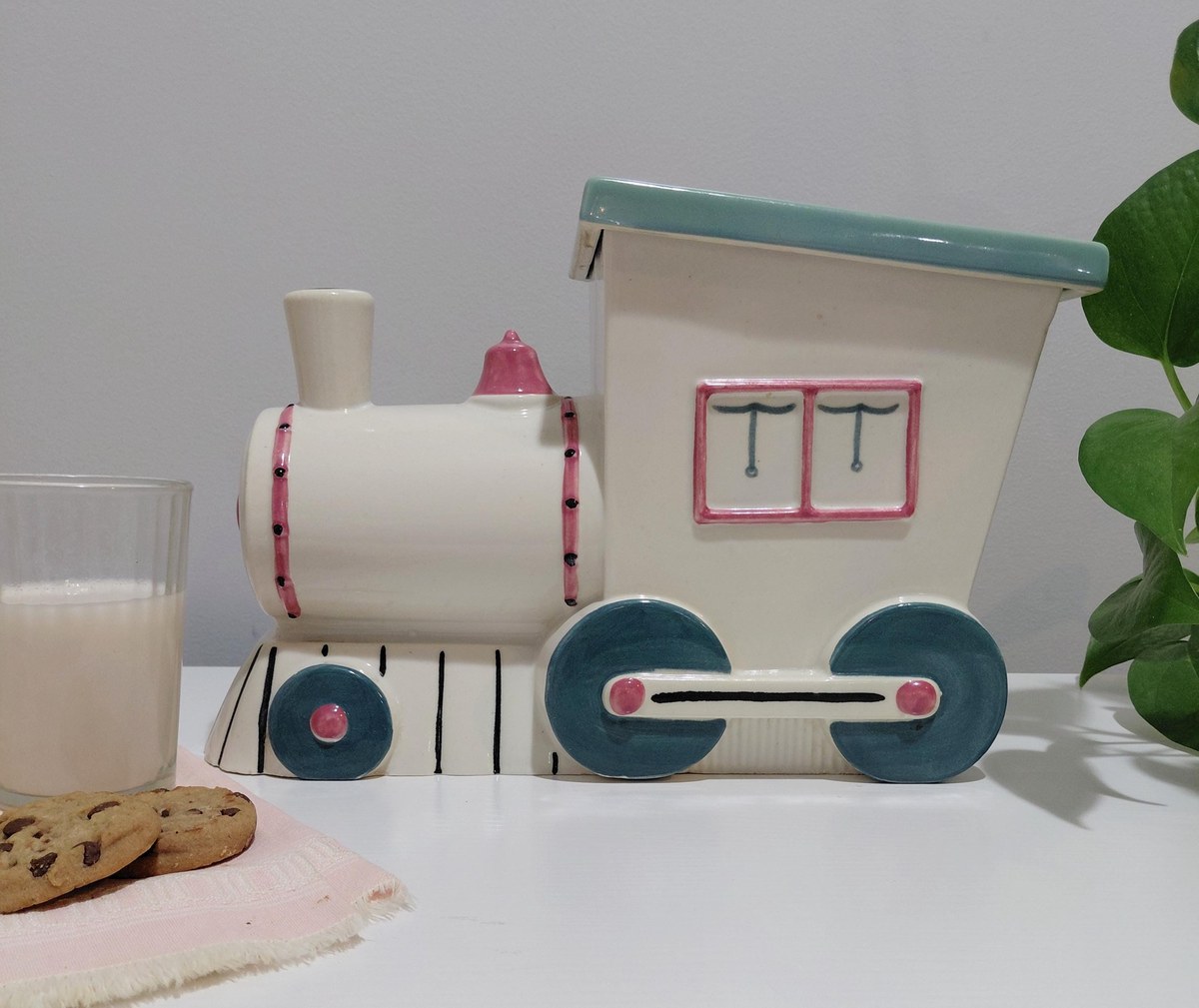 Vintage Abingdon Pottery Train Engine Cookie Jar White Pink Green Lid 1930s Illinois 11", view 3