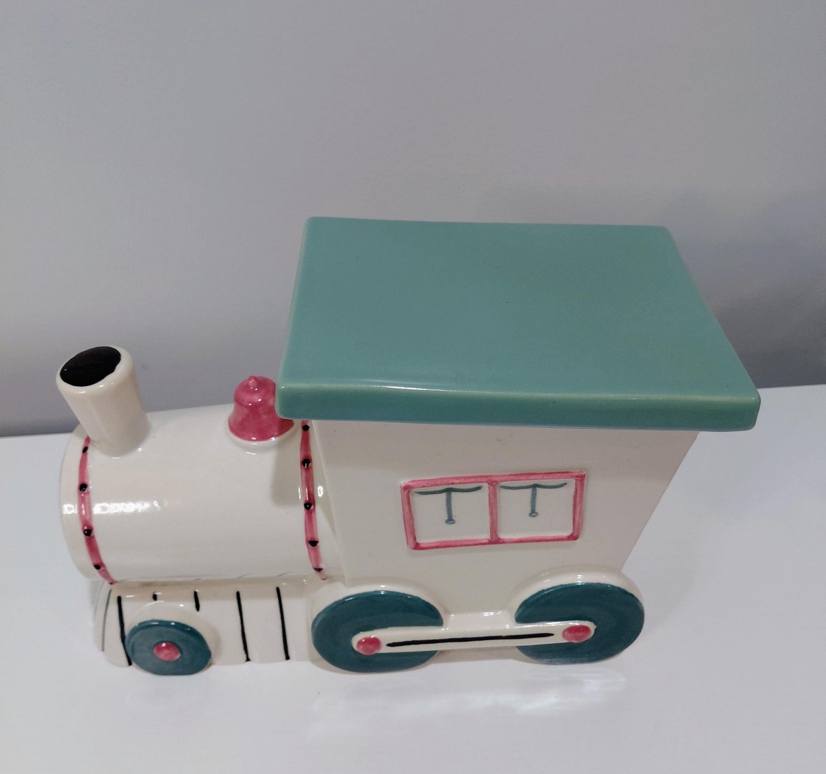 Vintage Abingdon Pottery Train Engine Cookie Jar White Pink Green Lid 1930s Illinois 11", view 4